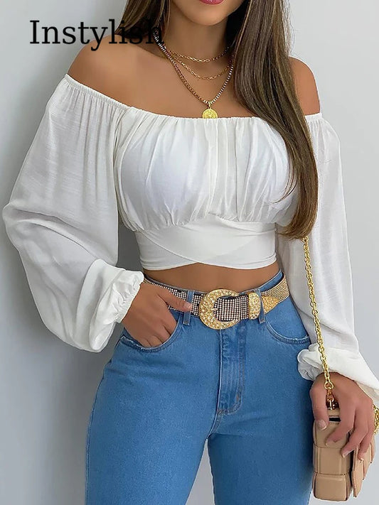 Women Sexy Off Shoulder Printing Blouses Chic and Elegant Lantern Long Sleeve Lace Up Bow Cropped Tops Casual Slim Shirts 2023