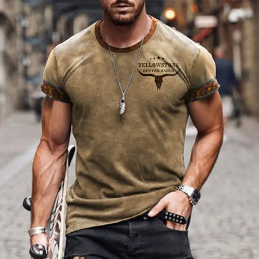 2024 New Men's Vintage T-Shirt Personality Sheep Head Print Breathable Quick Drying High Quality Casual Short-Sleeved Street